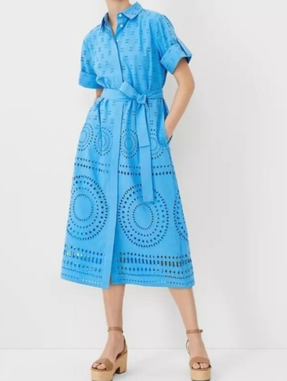 Ann Taylor Bright Blue Eyelet Midi Shirt Dress with Tie Waist